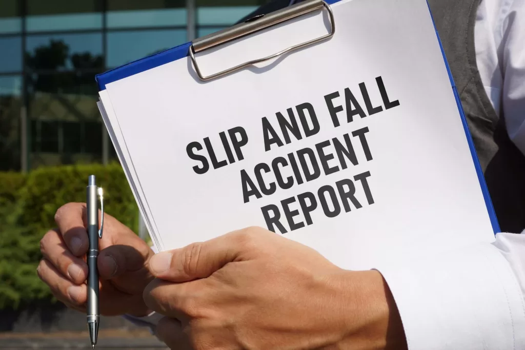 Slip and fall accident report is shown using a text