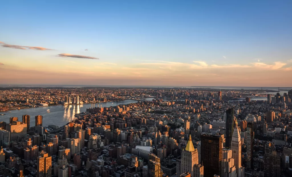 New York City Skyline seen from the Empire State Building at Sunset